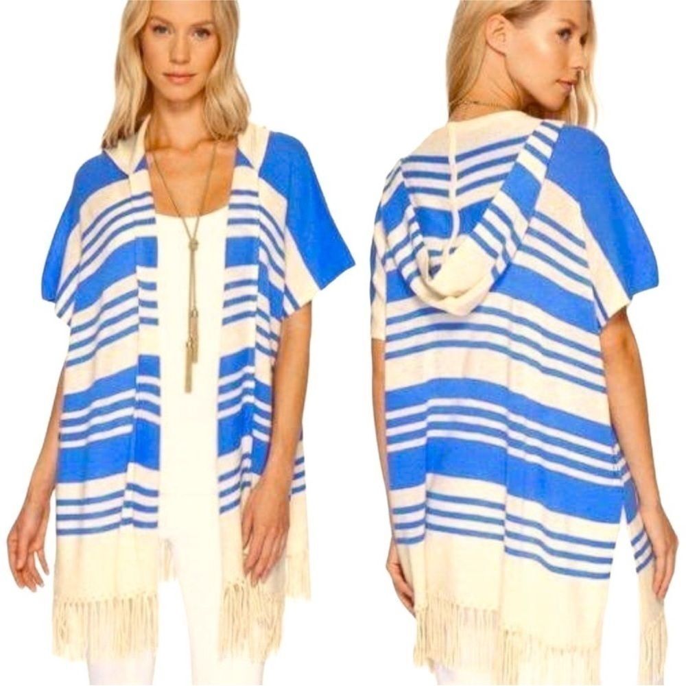 Lilly Pulitzer Avion Cashmere Blue Striped Hooded Fringe Cardigan Poncho